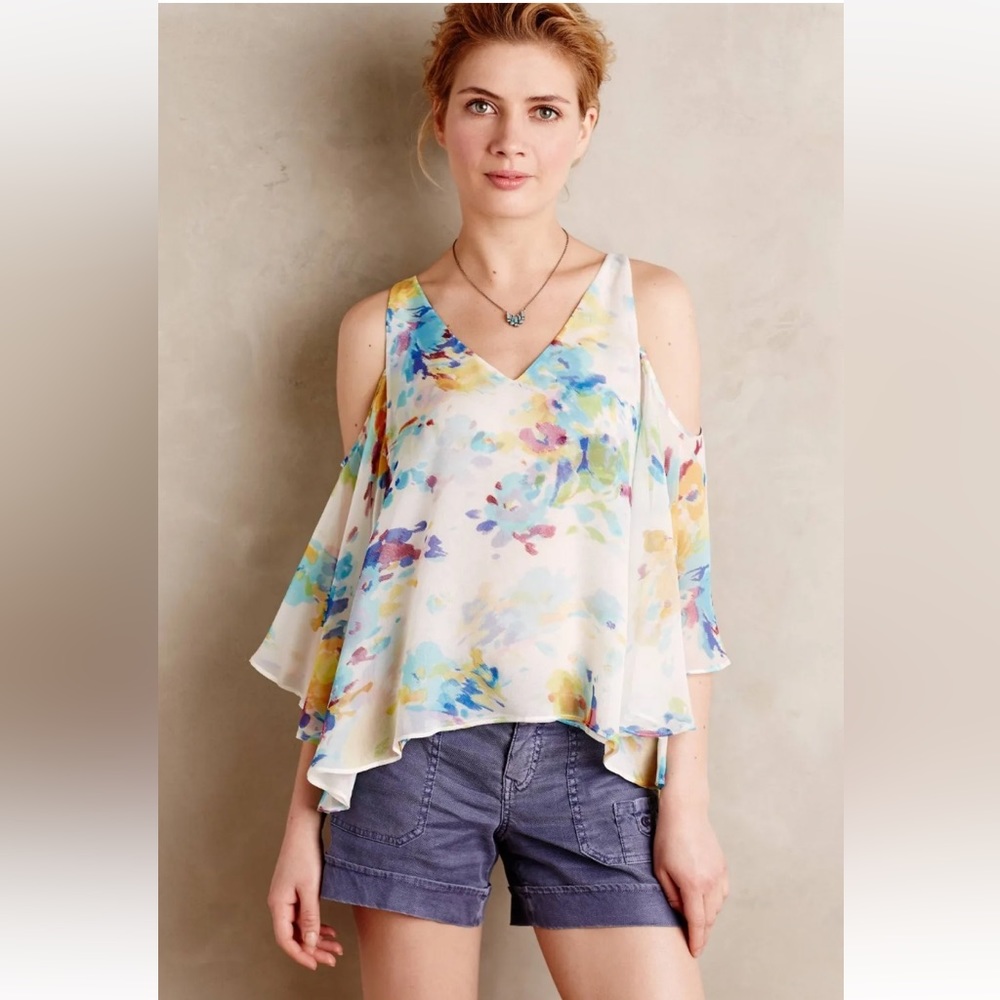 Anthro Maeve 100% Silk Watercolor Floral Cold Shoulder Tank Blouse Top - Picture 6 of 12